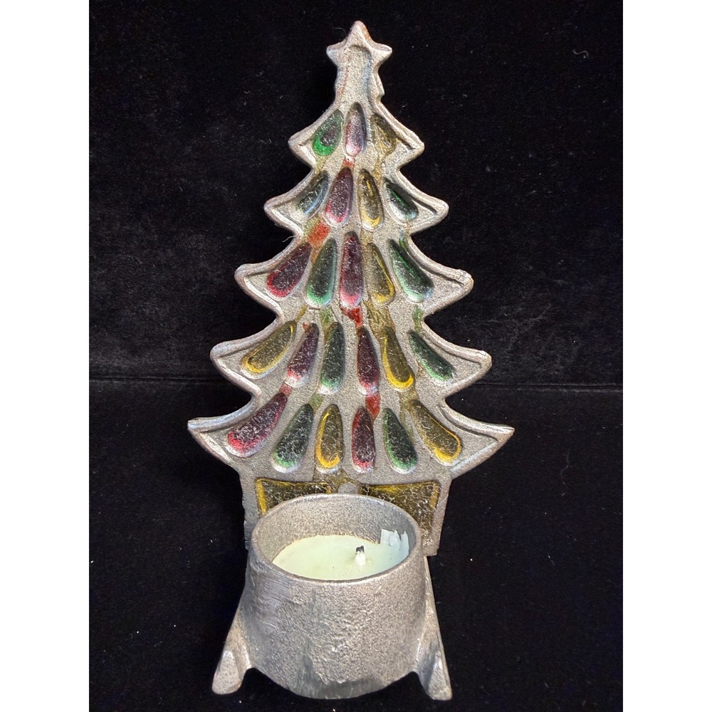 Vintage Silver Cast Metal Christmas Tree Tea Light Candle Holder Taiwan Colorful